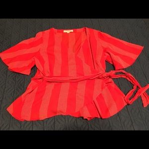 Loft Sz XL Red and White Linen Wrap Blouse